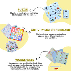 Skaleups Alphabetica 4-in-1 Educational Activity Kit, Alphabet Learning Set with Puzzle Cards and Write & Erase Board, Ages 3+