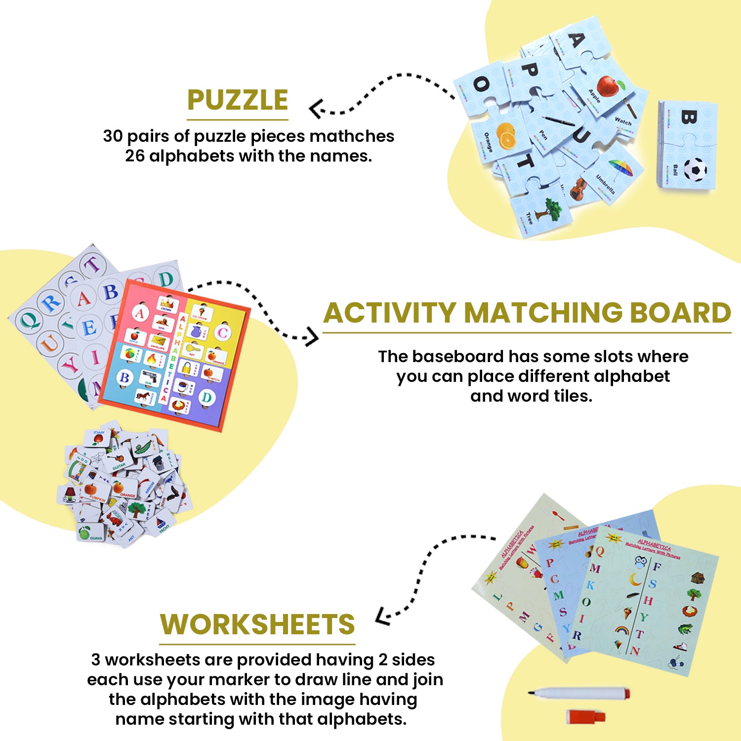 Skaleups Alphabetica 4-in-1 Educational Activity Kit, Alphabet Learning Set with Puzzle Cards and Write & Erase Board, Ages 3+